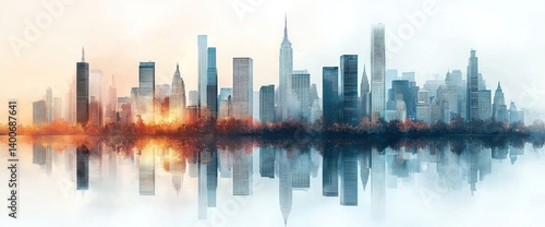 New York City Skyline at Sunrise, reflected on water