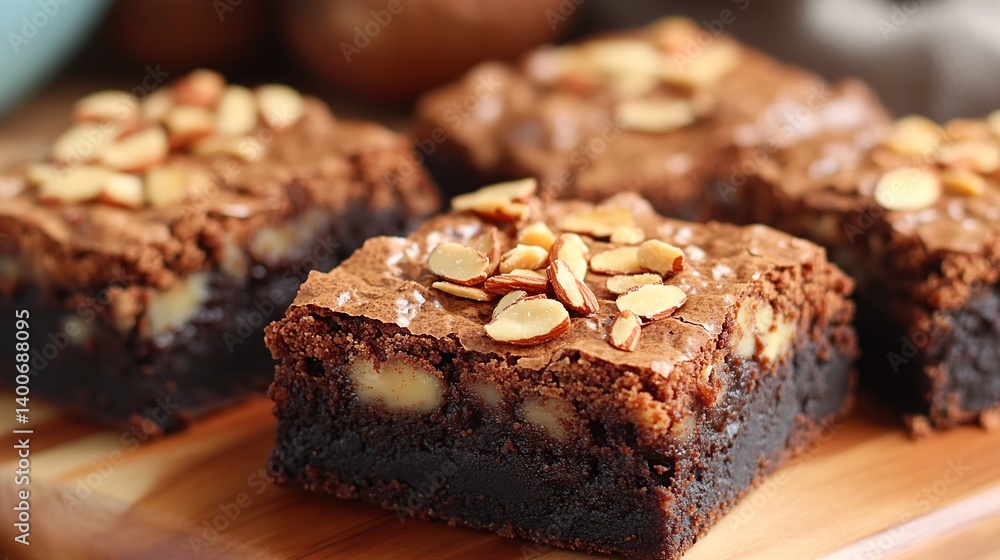 Chocolate brownies with gooey fudge center and crunchy almond topping for extra texture