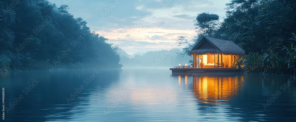 Fototapeta premium Tranquil riverside cabin at dawn
