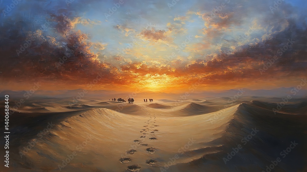 Fototapeta premium Mystical oil painting of the Sahara at dawn, soft pastel hues blending in the sky, a caravan of nomads crossing the dunes, footprints trailing in the sand,