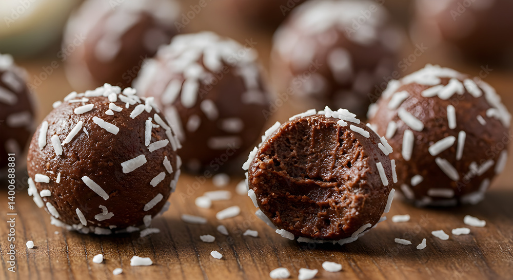 Delicious Keto Chocolate Coconut Truffles on a Rustic Wooden Surface Delicious Keto Chocolate Coconut Truffles on a Rustic Wooden Surface