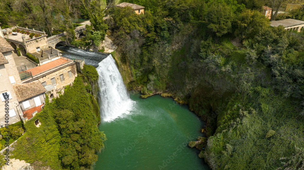 Aerial view of Isola del Liri, simply known as Isola Liri. It is an Italian city of Lazio, Italy, in the province of Frosinone. The town is famous for the waterfall in the historic center.
