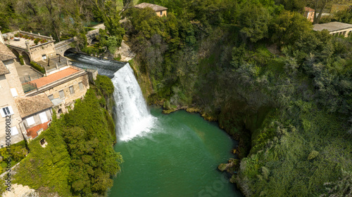Obraz na płótnie Aerial view of Isola del Liri, simply known as Isola Liri. It is an Italian city of Lazio, Italy, in the province of Frosinone. The town is famous for the waterfall in the historic center. w salonie