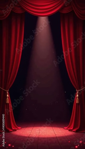Crimson stage drapes, single spotlight illuminates center, single spotlight, red stage curtains