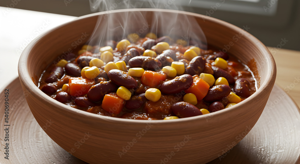 Hearty Plant Based Chili With Beans And Corn In A Rustic Bowl Image Hearty Plant Based Chili With Beans And Corn In A Rustic Bowl Image