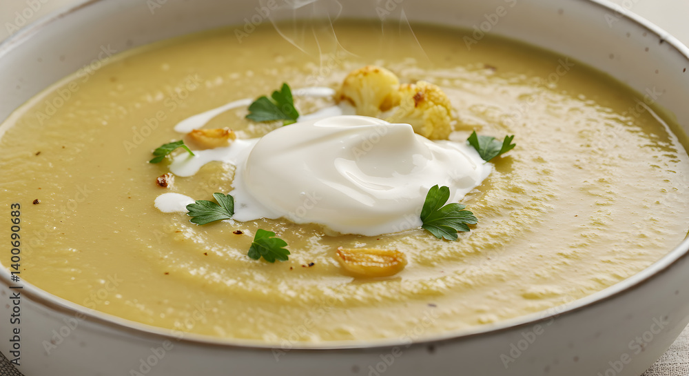 Creamy Cauliflower and Garlic Soup Garnished with Heavy Cream Recipe Creamy Cauliflower and Garlic Soup Garnished with Heavy Cream Recipe