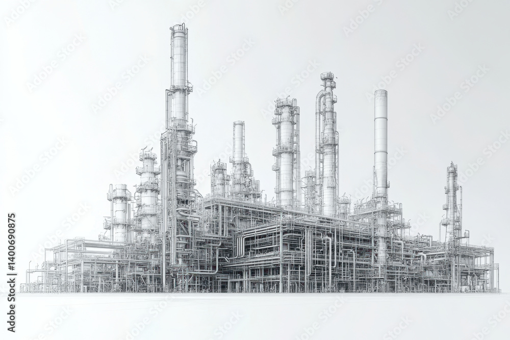 Industrial refinery with tall smokestacks emit fumes against a cloudy sky in stark black and white contrast. Industrial refinery with tall smokestacks emit fumes against a cloudy sky in stark black and white contrast.