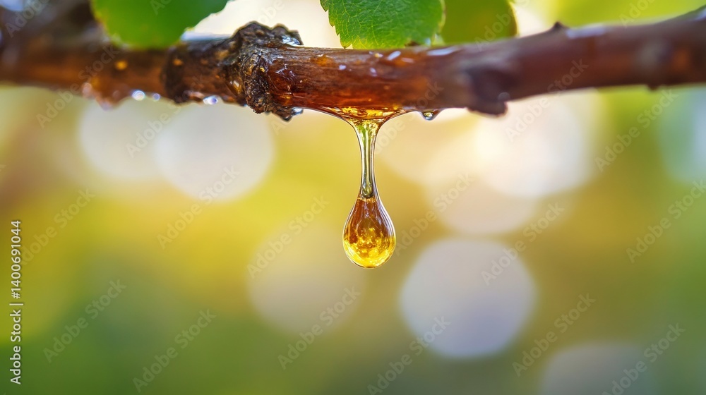 Fototapeta premium Close-up of amber sap droplet on tree branch in nature