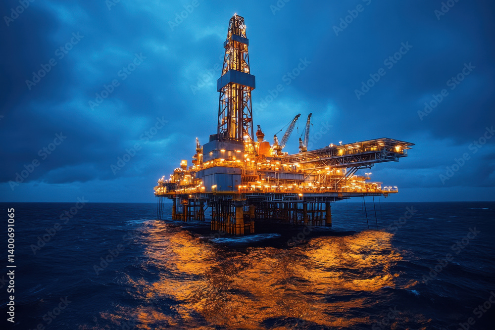 An oil rig towering over the vast ocean, under a clear blue sky, with workers in reflective safety gear conducting maintenance activities. An oil rig towering over the vast ocean, under a clear blue sky, with workers in reflective safety gear conducting maintenance activities.