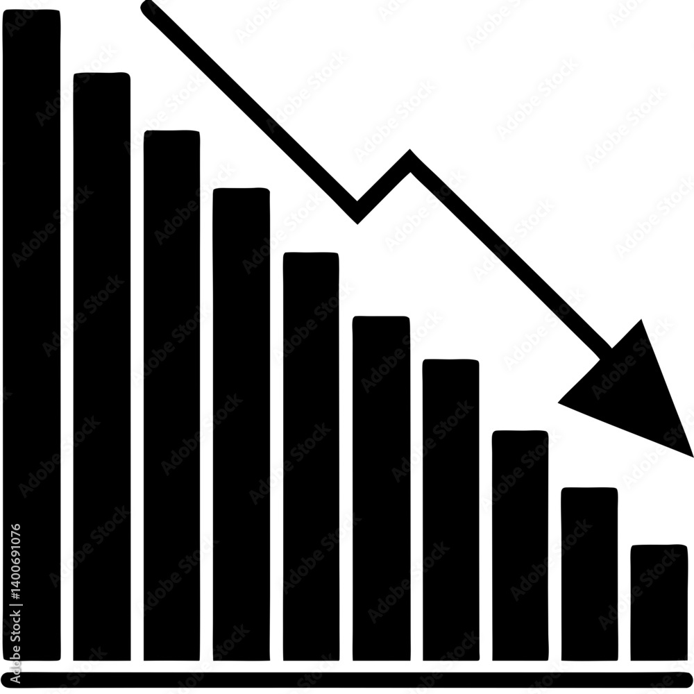 Downward Trend: A striking visual representation of decline, with descending bars and a downward arrow, symbolizing negative economic or business performance. Downward Trend: A striking visual representation of decline, with descending bars and a downward arrow, symbolizing negative economic or business performance.