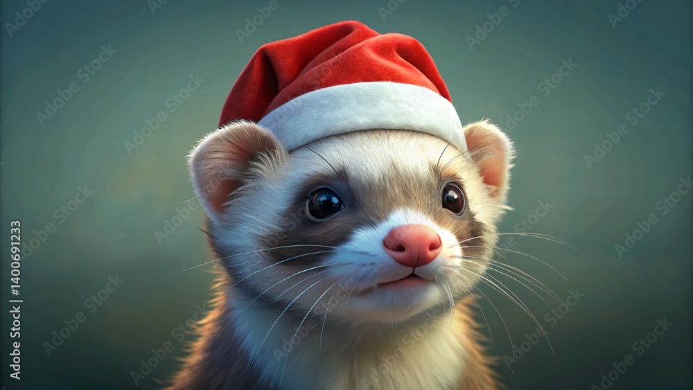 Adorable Ferret in Santa Hat - Festive Macro Photography Adorable Ferret in Santa Hat - Festive Macro Photography