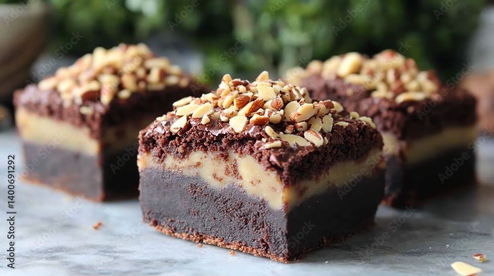 Chocolate brownies with gooey fudge center and crunchy almond topping for extra texture