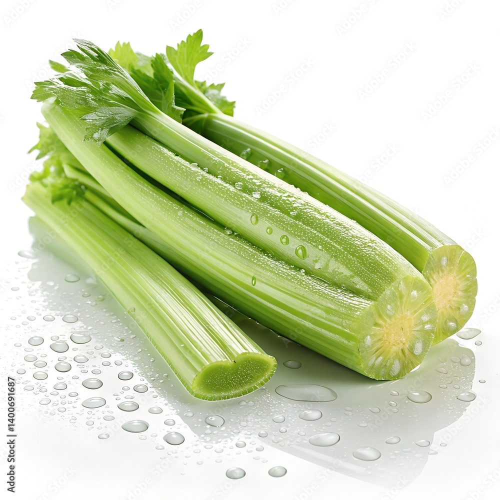 Celery stalks, fresh and crisp, vibrant green color, water droplets on surface, detailed texture, isolated on pure white background Celery stalks, fresh and crisp, vibrant green color, water droplets on surface, detailed texture, isolated on pure white background