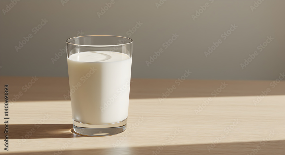 Glass Of Milk On Neutral Tone Wooden Table In Highkey Photo Style Glass Of Milk On Neutral Tone Wooden Table In Highkey Photo Style