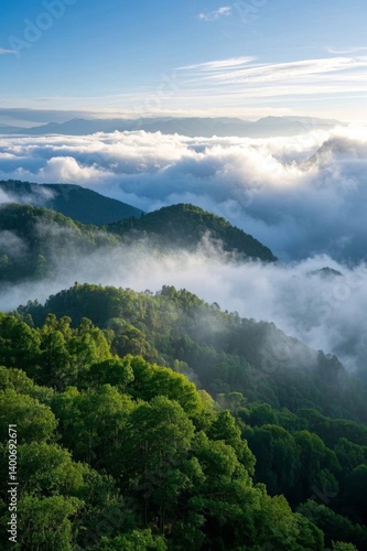 arafed view of a mountain with a forest and clouds