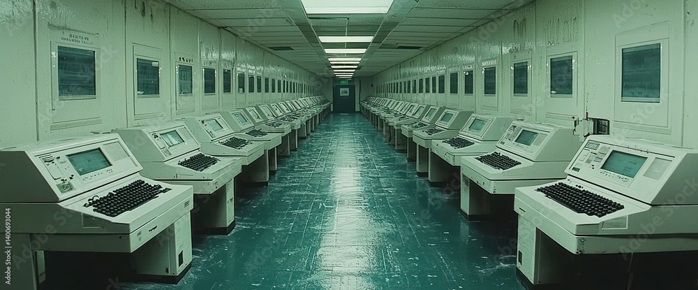 Long corridor of retro computer workstations