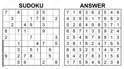 Vector sudoku with answer 25. Educational game with numbers for kids and leisure for adult on white background.