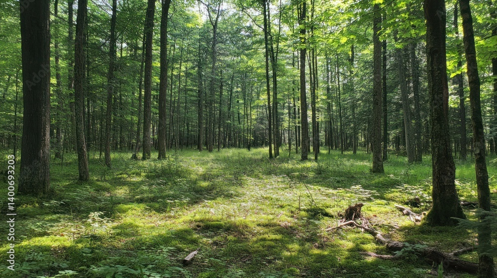 Obraz premium A dense forest with sunlight filtering through the trees