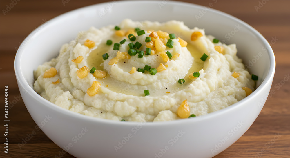 Roasted Garlic Mashed Cauliflower Delight Served in Ceramic Dish Roasted Garlic Mashed Cauliflower Delight Served in Ceramic Dish