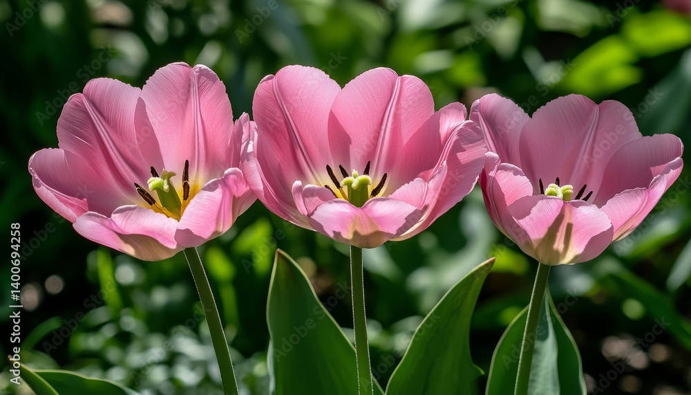 Three Pink Tulips in Springtime Bloom A Close-Up with Soft Sunlight and Creamy Bokeh Three Pink Tulips in Springtime Bloom A Close-Up with Soft Sunlight and Creamy Bokeh