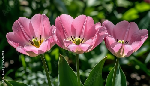 Three Pink Tulips in Springtime Bloom A Close-Up with Soft Sunlight and Creamy Bokeh