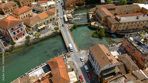 Aerial view of a bridge in Isola del Liri, simply known as Isola Liri. It is an Italian city of Lazio, Italy, in the province of Frosinone.
