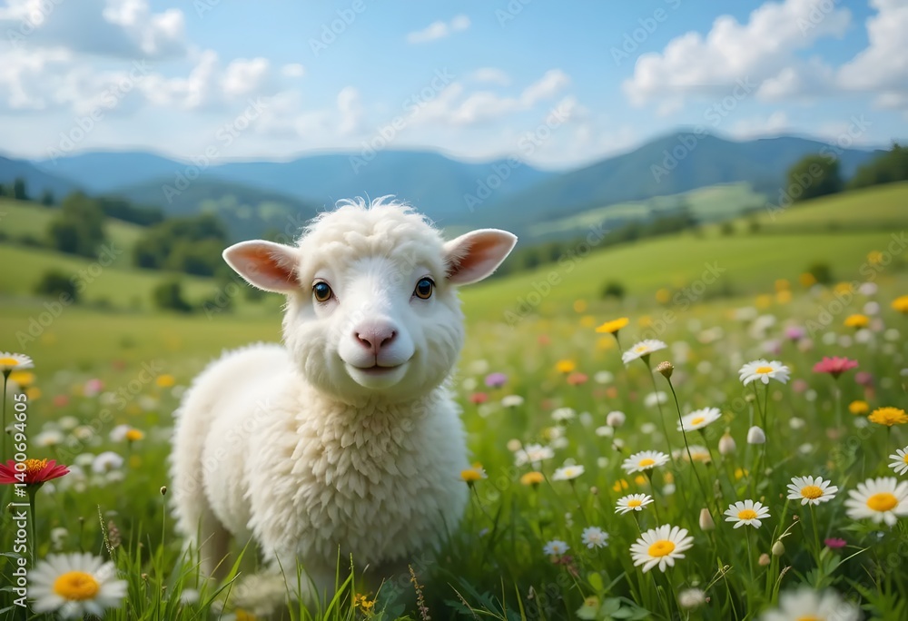 Curious Sheep in Lush Green Meadow with Alpine Mountains Pastoral Farm Scene with Fresh Summer Landscape Curious Sheep in Lush Green Meadow with Alpine Mountains Pastoral Farm Scene with Fresh Summer Landscape