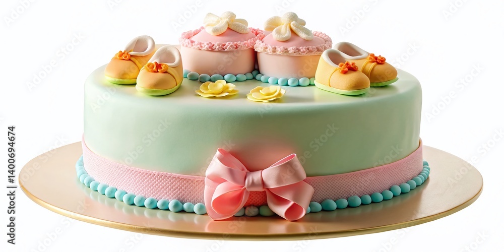 Adorable Baby Shower Cake with Fondant Baby and Tiny Shoes - Isolated White Background