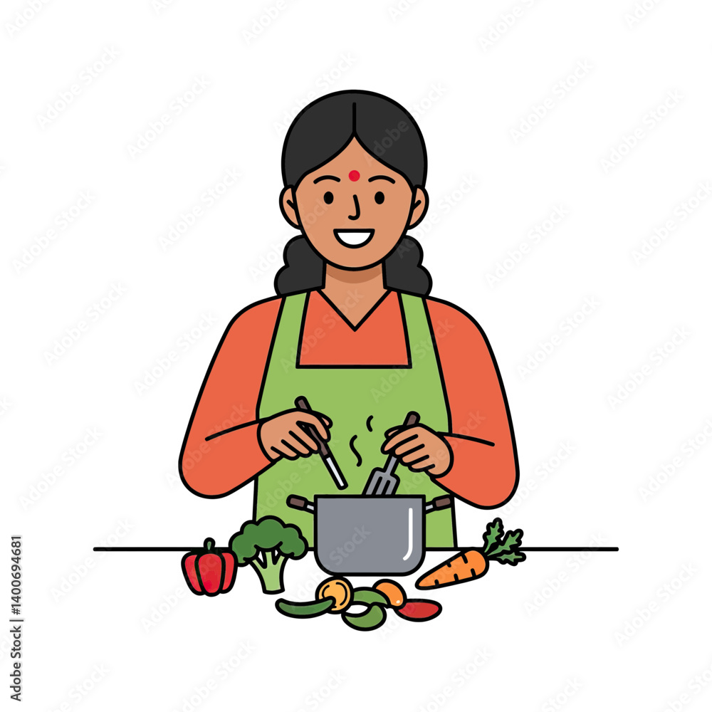 Happy Indian Woman Cooking Vegetables: A cheerful illustration of an Indian woman wearing an apron, happily cooking vegetables in a pot. The scene is vibrant and filled with fresh. Happy Indian Woman Cooking Vegetables: A cheerful illustration of an Indian woman wearing an apron, happily cooking vegetables in a pot. The scene is vibrant and filled with fresh.
