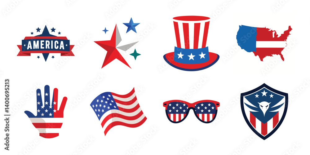 Fototapeta premium 4th of July vector elements set. Collection of American Independence Day vector illustrations on white background