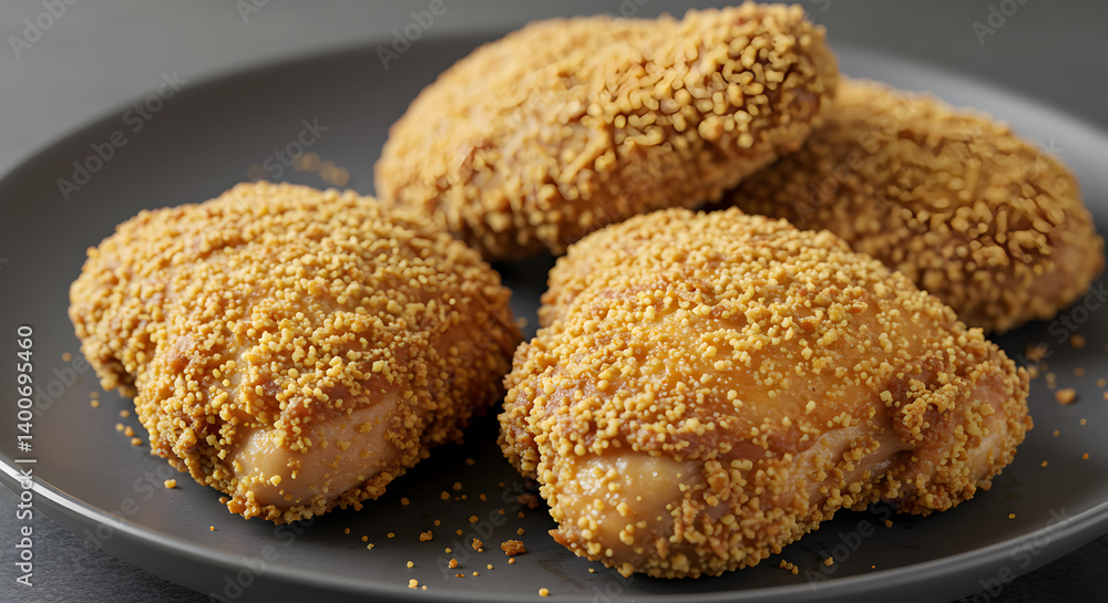 Delicious Crispy Almond Flour Coated Keto Fried Chicken Thighs On Plate Delicious Crispy Almond Flour Coated Keto Fried Chicken Thighs On Plate