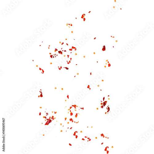 A collection of red and orange chili flakes scattered on a white background.