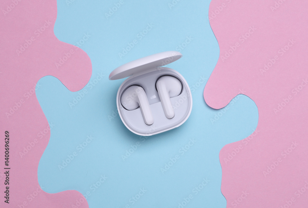 Wireless earphones with charging case on blue pink background Wireless earphones with charging case on blue pink background