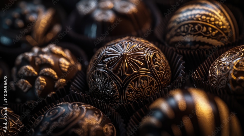 A variety of chocolate truffles and bonbons arranged in a grid pattern A variety of chocolate truffles and bonbons arranged in a grid pattern