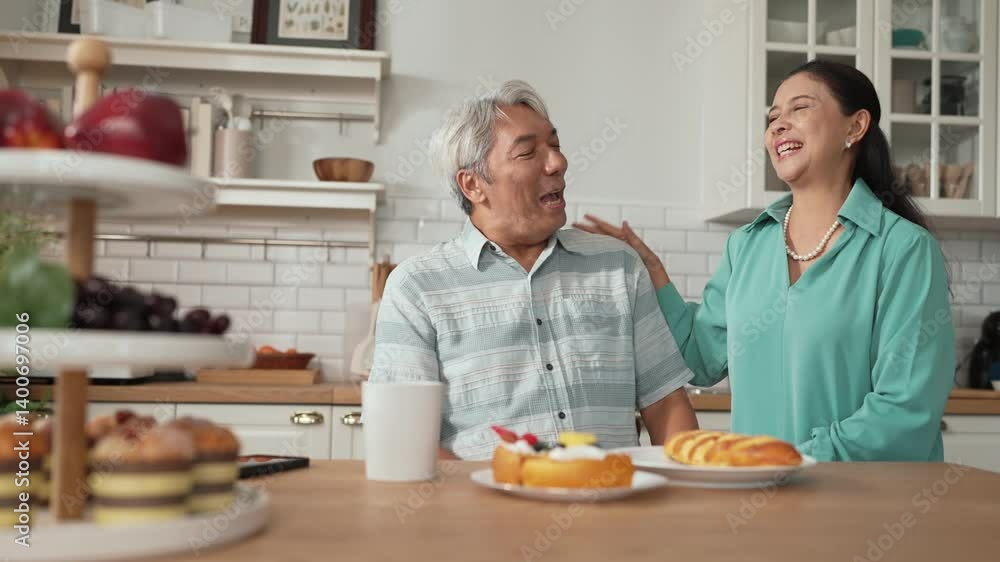Smiling grandfather with casual cloth sitting at table while grandmother presenting breakfast. Senior couple talking and spending time or supporting together. Healthy relationship concept. Myrmidon. Smiling grandfather with casual cloth sitting at table while grandmother presenting breakfast. Senior couple talking and spending time or supporting together. Healthy relationship concept. Myrmidon.
