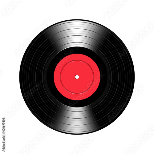 Vinyl record with red paper label. Vector isolated on white background