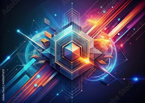 Abstract Tech Background:  Intricate Geometric Patterns & Vivid Hues in Candid Style