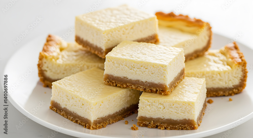 Delicious Creamy Cheesecake Bars Stacked on a White Plate Dessert Still Life Delicious Creamy Cheesecake Bars Stacked on a White Plate Dessert Still Life
