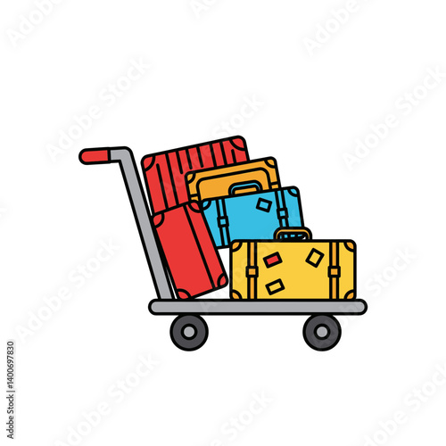 Luggage Cart Icon: A colorful illustration of a luggage cart loaded with various suitcases, ready for travel.