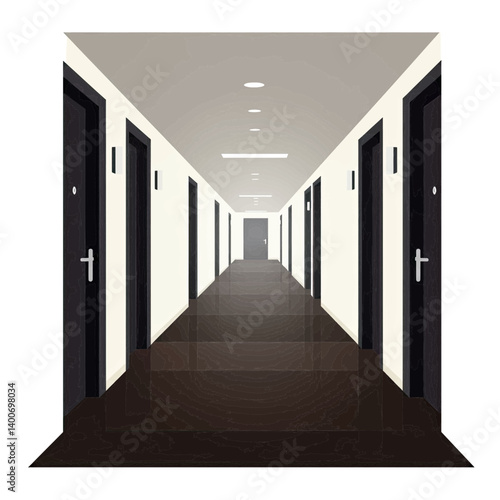 Hallway of Modern Architecture: An architectural rendering depicting a sleek and minimalist hallway in a contemporary building, with a series of black doors lining the corridor.