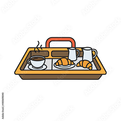 Breakfast Tray with Coffee and Croissants: A delightful illustration of a breakfast tray featuring a steaming cup of coffee, two freshly baked croissants, and a small creamer and milk jug.