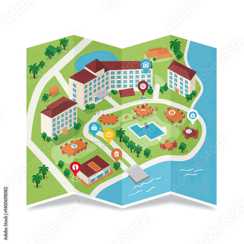 Resort Map Illustration: A vibrant isometric illustration of a resort map, showcasing hotels, swimming pool, restaurants, and lush greenery by the lake.  Perfect for travel brochures and websites.
