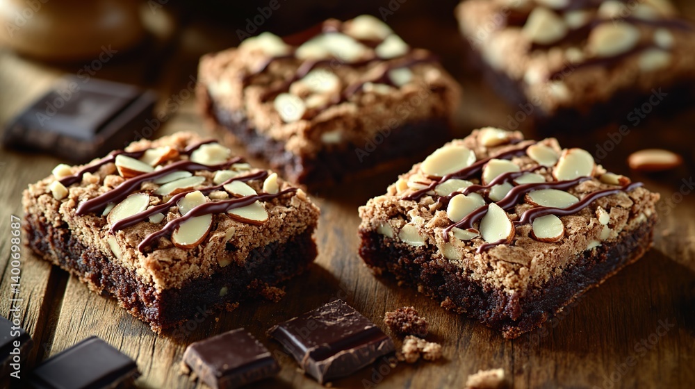 Fudgy brownies with a swirl of chocolate and roasted almond pieces on top