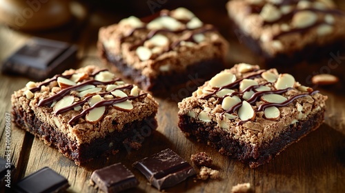 Obraz na płótnie Fudgy brownies with a swirl of chocolate and roasted almond pieces on top w salonie
