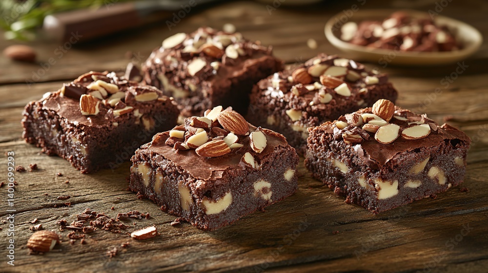 Fudgy brownies with a swirl of chocolate and roasted almond pieces on top