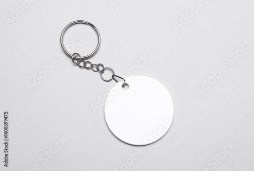 White round plastic keychain on a chain on gray background. Mockup for design