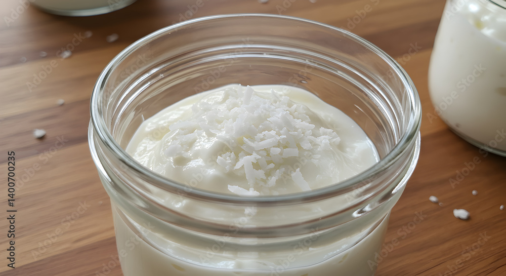 Homemade Coconut Yogurt In A Glass Jar With Shredded Coconut Topping