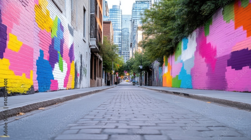 Fototapeta premium Colorful urban alleyway lined with vibrant murals. Buildings and street are visible in the distance
