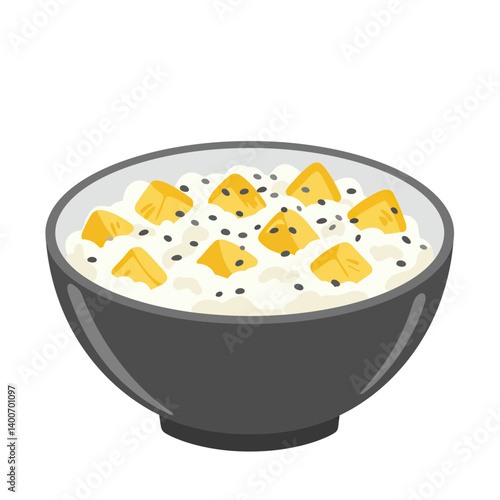 Mango Sticky Rice: A bowl of Thai mango sticky rice, a classic dessert, features ripe mango chunks drizzled with sweet coconut milk and topped with black sesame seeds.