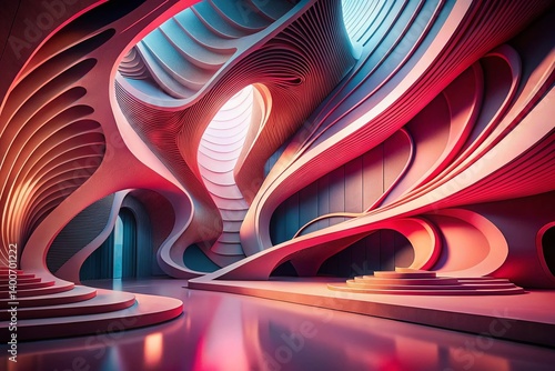 Abstract Pink and Red Wavy Architectural Background - Modern Design Texture